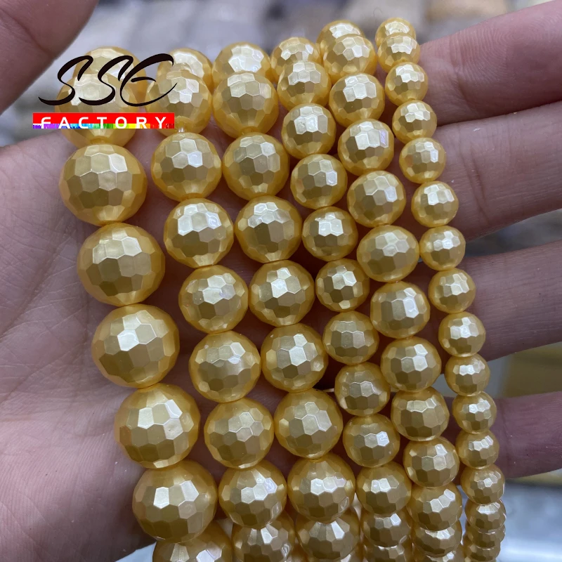 6 8 10 12mm Natural Faceted Yellow Shell Pearl Beads Round Loose Bead For Jewelry Making Diy Necklace Bracelet Accessories 15