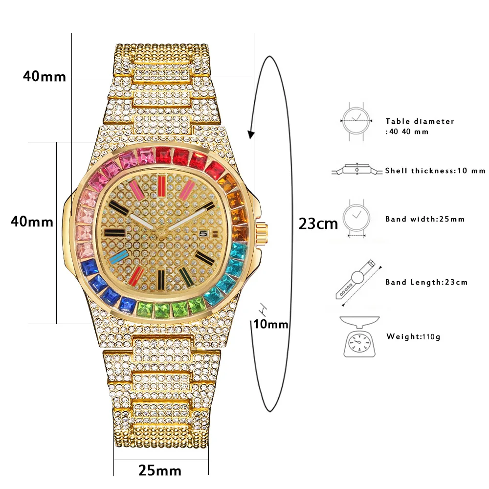 Colorful Diamond Watch Top Brand for Men Women Luxury Iced Out Gold Sliver Mens Watch Calendar Wristwatch Relogio Masculino Gift