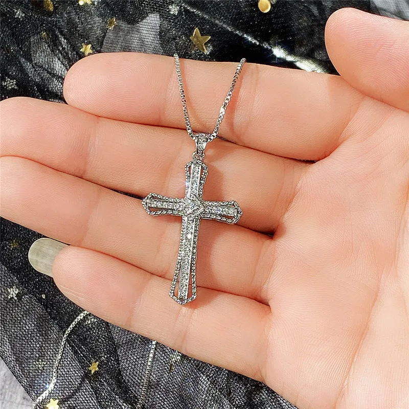 Huitan Luxus Voller Zirkonia Kreuz Anhänger Halskette für Frauen Mode Vielseitige Halskette Schmuck Party Täglichen Zubehör – Detail 7