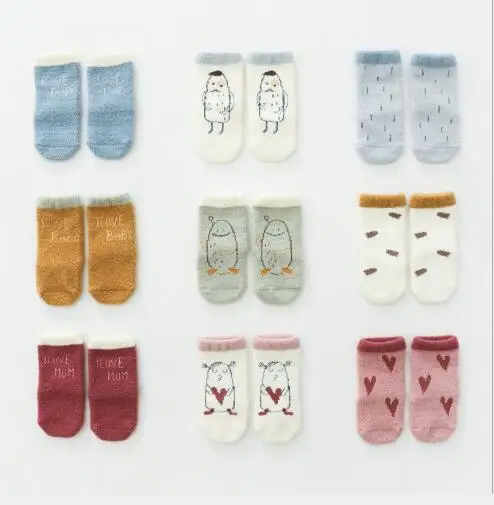 

0-3Year 3Pairs Winter plus velvet thick baby socks cartoon non-slip children floor socks warm baby newborn sock