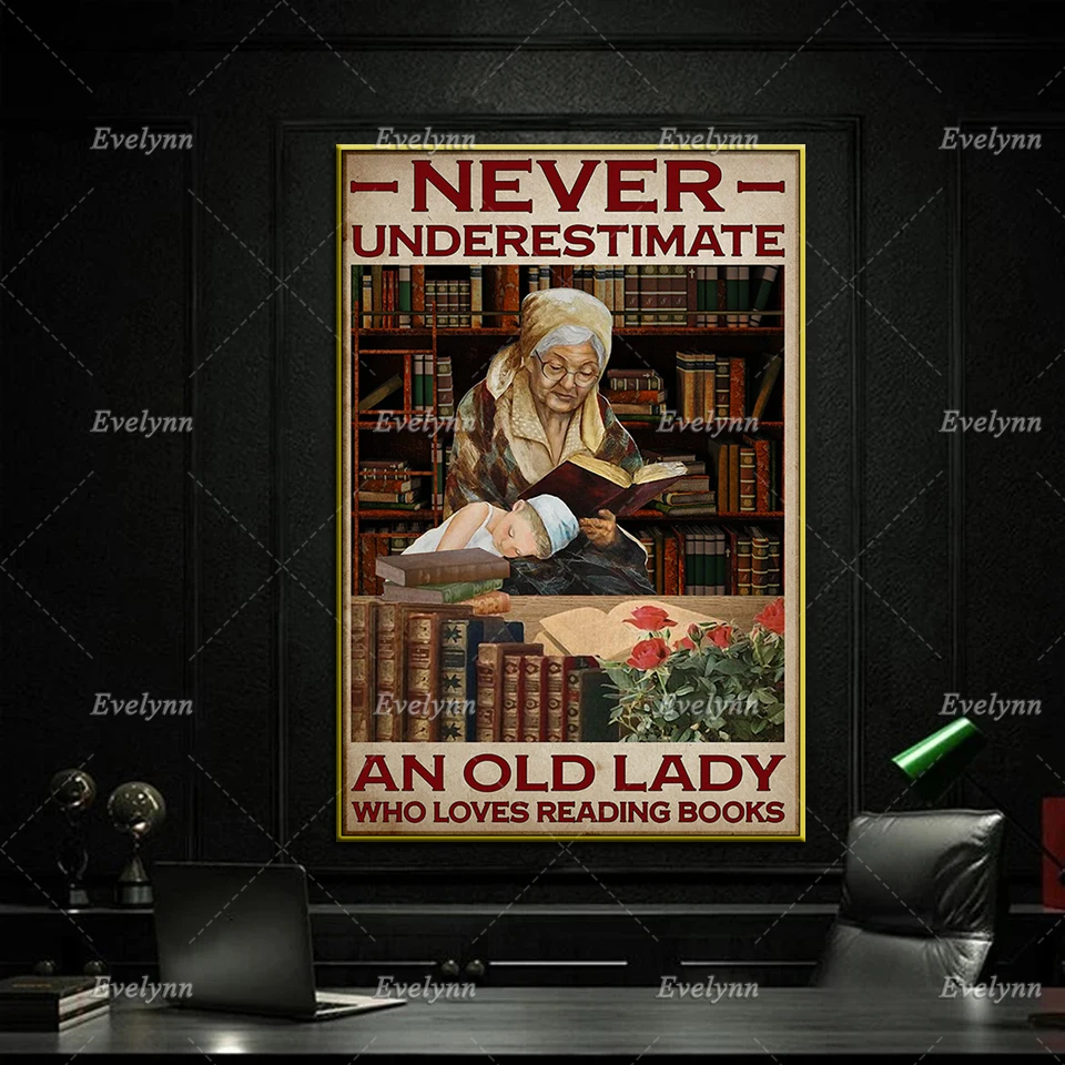 Never Underestimate Old Lady Who Loves Reading Books Poster,Enjoy Life,Lady And Small Girl, Home Decor Canvas Wall Art Prints