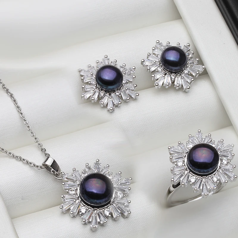 Echt Weiß Schwarz Süßwasser Natürliche Perle Set Frauen, Hochzeit 925 Sterling Silber Halskette Ohrring Sets Schmuck Jahrestag Geschenk – Detail 5