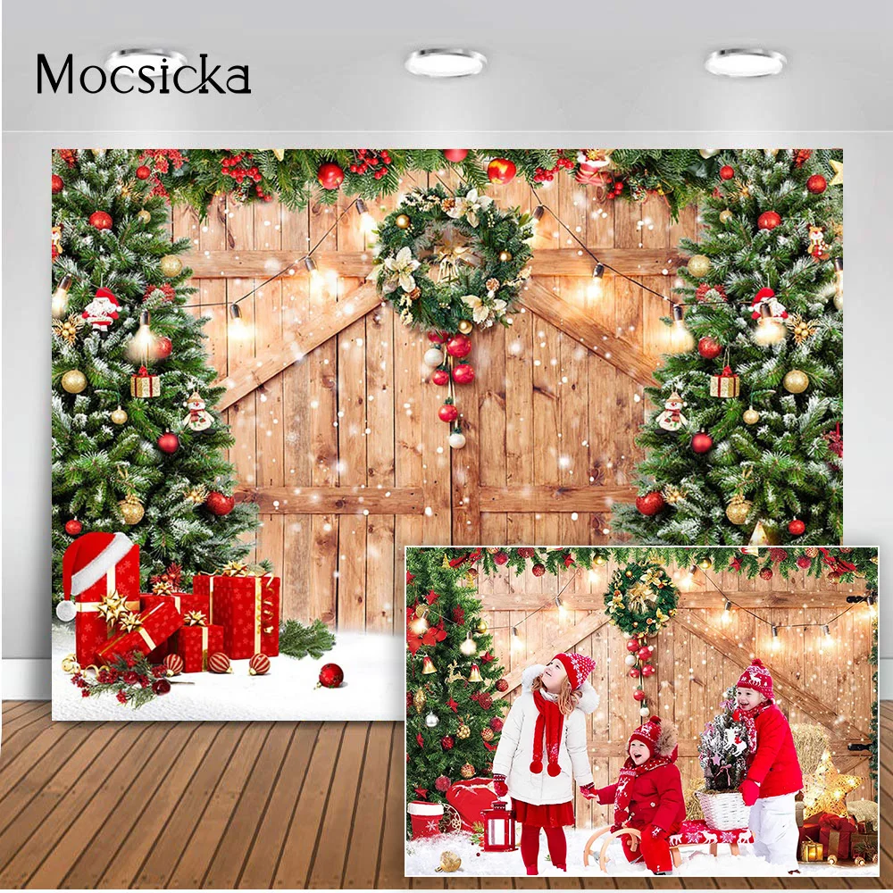 Rustic Christmas Barn Wood Door Backdrop for Photography X-mas Tree Snow Gifts Photo Background Holiday Family Photoshoot Props