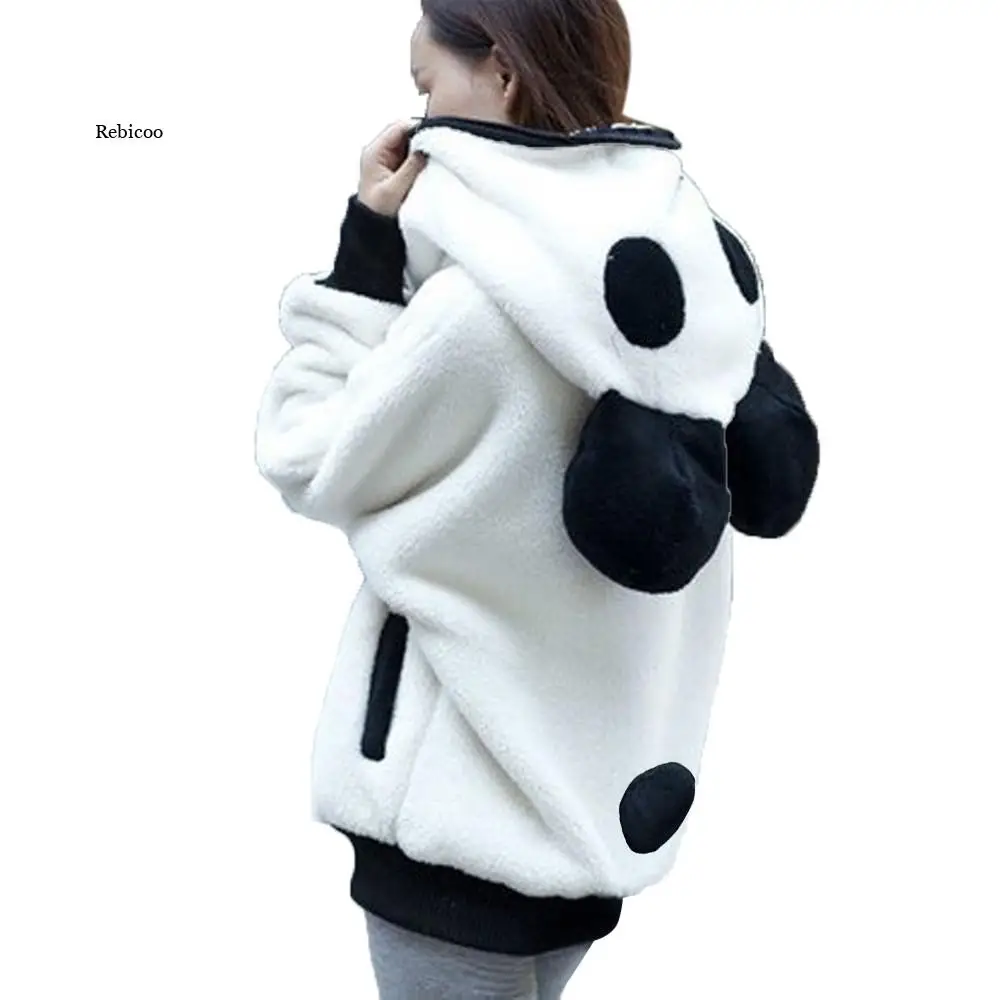 

Women Coat Kawaii Hoodies Fur Sweatshirt Zip-Up Cute Panda Ear Cap Winter Warm Hooded Turtleneck Outerwear Sudadera Mujer