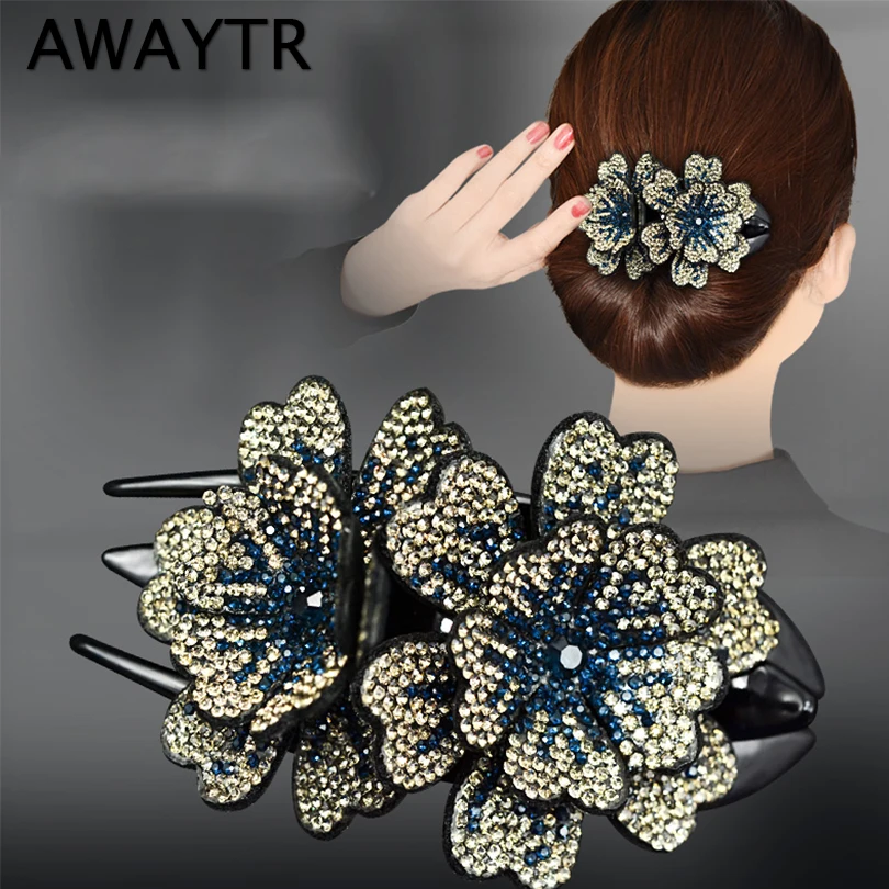 AWAYTR Female Large Rhinestone Double Flower Hair Claw Duckbill Clip Headdress Hairpin Plate Hair Grab Fashion Hair Accessories