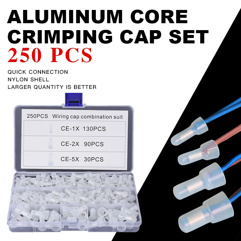 250PCS/set CE1 CE2 CE5 Closed End Crimp Caps Electrical Wire Cable Terminals Connectors AWG 12-10 16-14 22-16