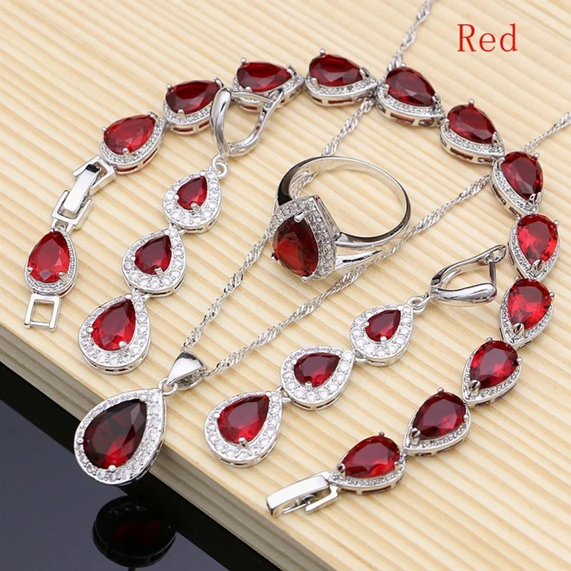 Wasser Tropfen Silber 925 Schmuck Red Rubin Weiß Topaz Schmuck Sets Frauen Lange Ohrringe/Anhänger/Halskette/Ringe/armband Dropshipping