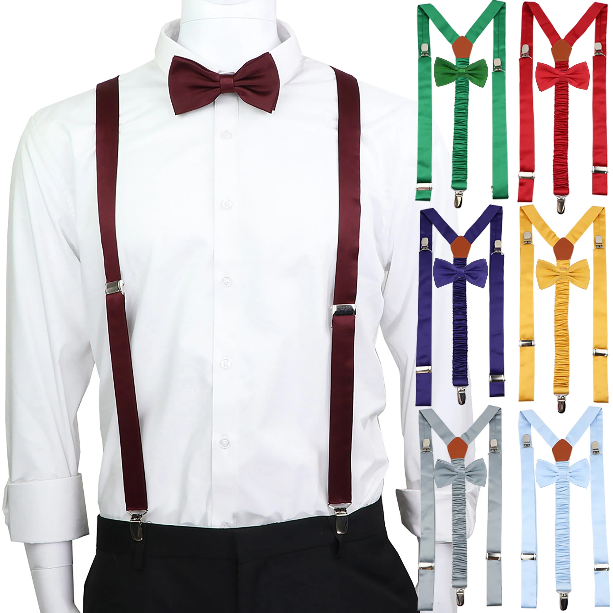 สีทึบหนัง Suspenders Braces ชุด Bowtie ผู้ชายผู้หญิงปรับสายรัดสำหรับงานแต่งงานชุด Tie อุปกรณ์เสริมของขวัญ