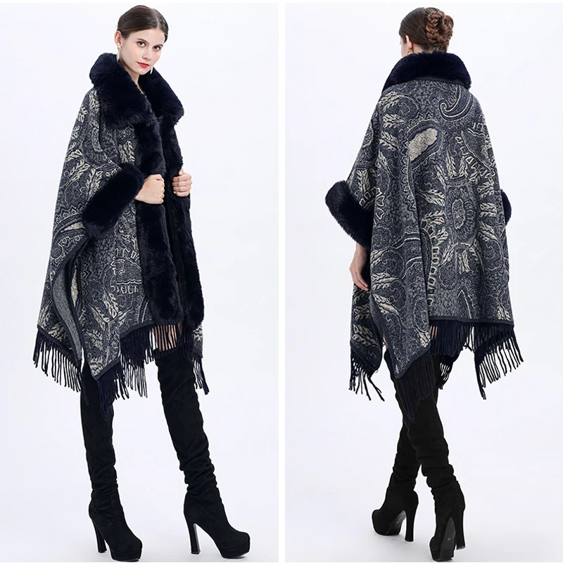 Big Version Soft Warm Wool Blends Cape Coat Fashion Faux Rex Rabbit Fur Overcoat Pocket Jacquard Cloak Winter Women Wraps Lapel