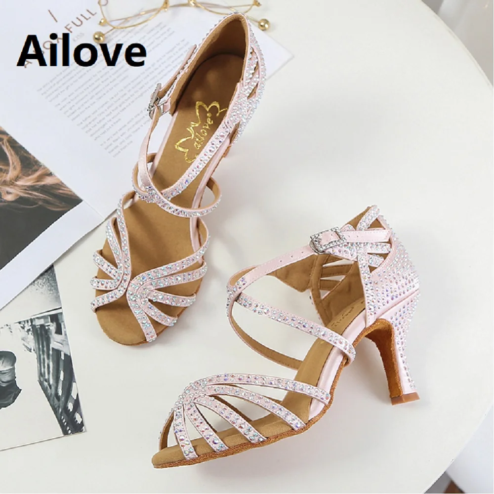 Ailove Ballroom Latin Dance Shoes Crystal Professional Salsa Swing Sandals with Soft Suede Sole ALS016