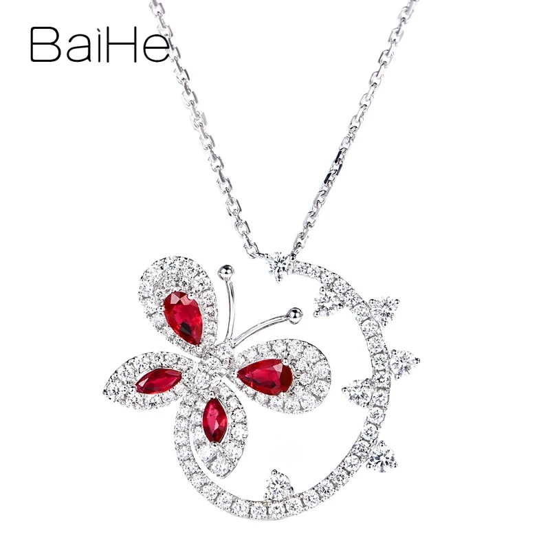 BAIHE Solid 18K White Gold Natural Ruby H/SI Diamond Butterfly Necklace Women Wedding Trendy Fine Jewelry Making قلادة الفراشة