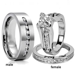 Romantic Zircon Couple Rings Stainless Steel Men's Ring And Simple Crystal Zircon Women Rings Set Wedding Ring