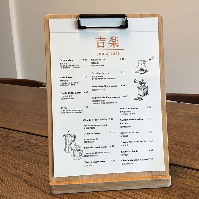 Wooden Menu Service Stand, Support Notes Clamps, A4, Restaurant, Cafe, Bar, Table Sign Display, Vertical, Horizontal Deskcard