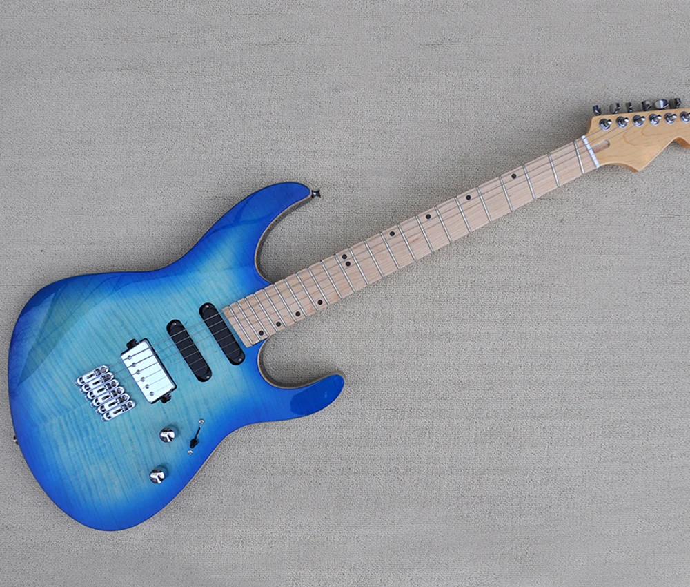 

Blue 6 Strings Electric Guitar with Slanted Frets,Flame Maple Veneer,Maple Fretboard