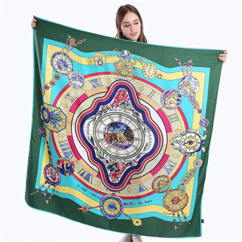 POBING 100% Twill Silk Scarf Women Square Scarves Brand Large NecKerchief Watch Print Foulard High Quality Bandana Big Hijabs