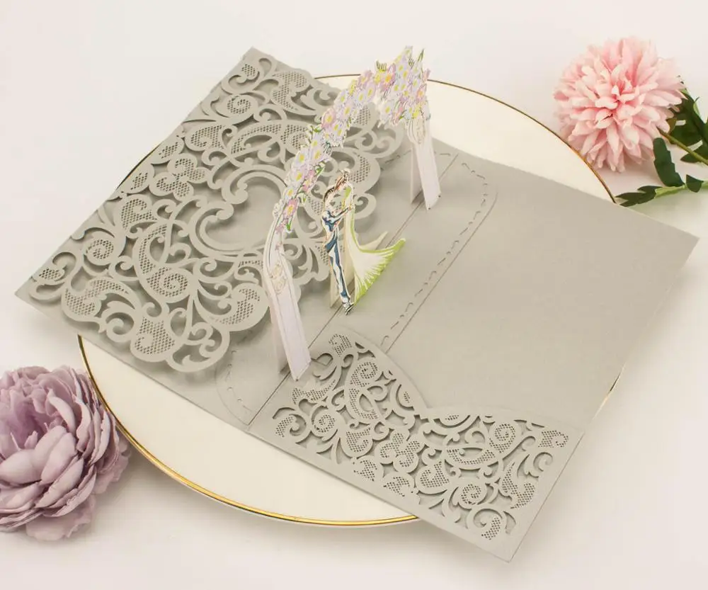 Free Shipping 1x 3D POP UP Card gold gray tri 3 Fold Pocket Wedding Invitation Card Laser cut Invite Greeting card with envelope