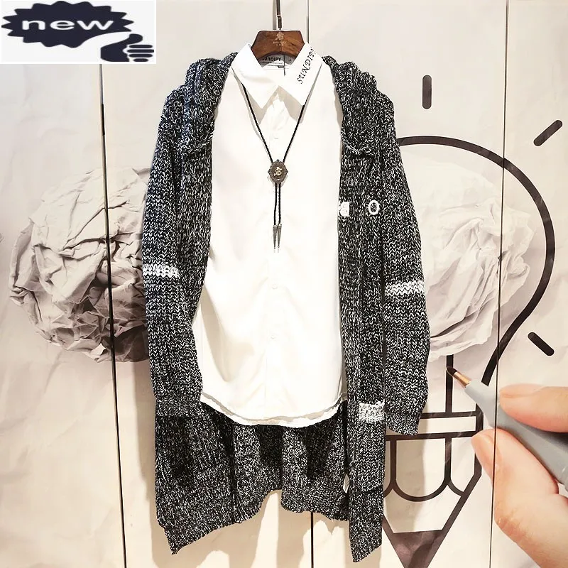 

Fashion Mens Autumn Knitwear Cardigan Mid Long Hoody Sweater Jacket Slim Fit Causal Male Open Stitch Knitted Outwear Cardigans