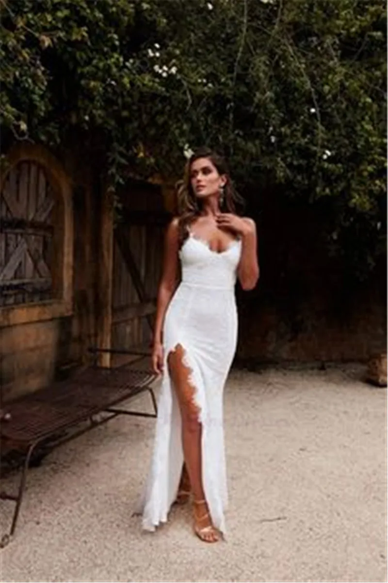 Vestidos De Novia De encaje Vintage para mujer, ropa De Novia Sexy con abertura alta, cuello en V, con tirantes finos, vestidos blancos