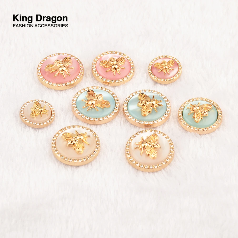 New Arrival 6PC Antique Rhinestone Decor Metal Gold Bee Pink Blue Pearl Buttons For Clothes Coat Cardigan Sweater Sew Needlework