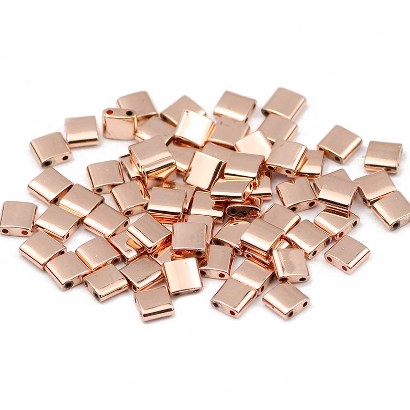 BTFBES Flat Square Hematite Double-hole Rose Gold Color Natural Stone 5x5mm Loose Beads For trendy Jewelry bracelet Making Diy