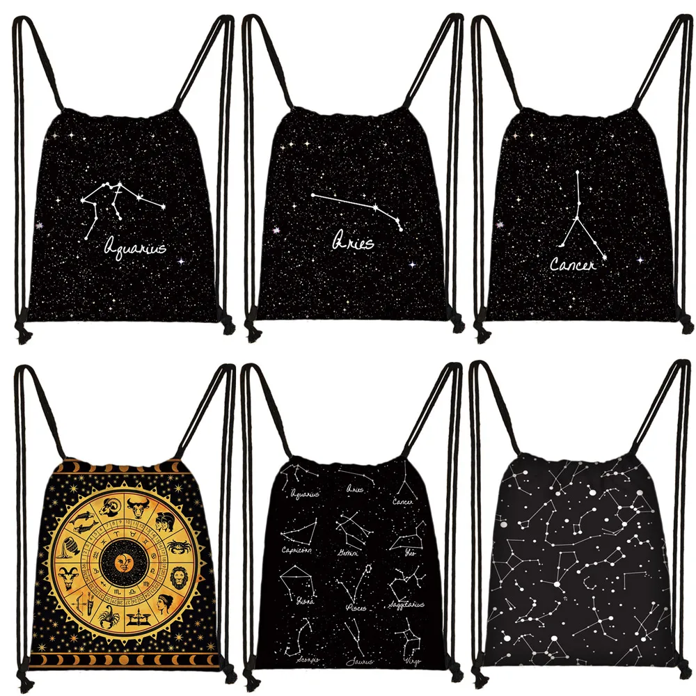 Twelve Constellations Zodiac Sign Backpack for Teenager Girls Galaxy Drawstring Bag Women Rucksack Ladies Storage Bag for Travel