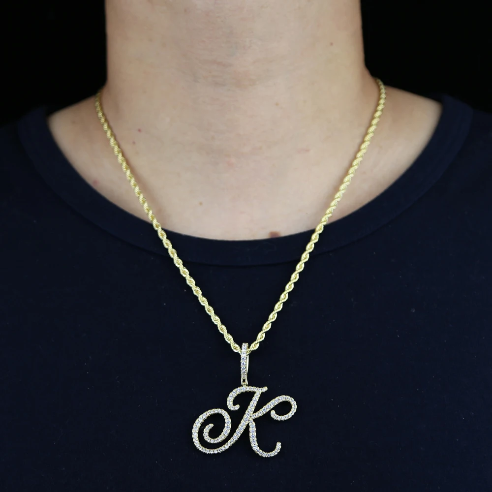 2026 Neue A-Z Kursivbuchstaben Namensanhänger Halskette Iced Out Bling 5A Kubikzirkonia CZ Silberfarbene Buchstaben Charms Hip Hop Schmuck – Detail 13