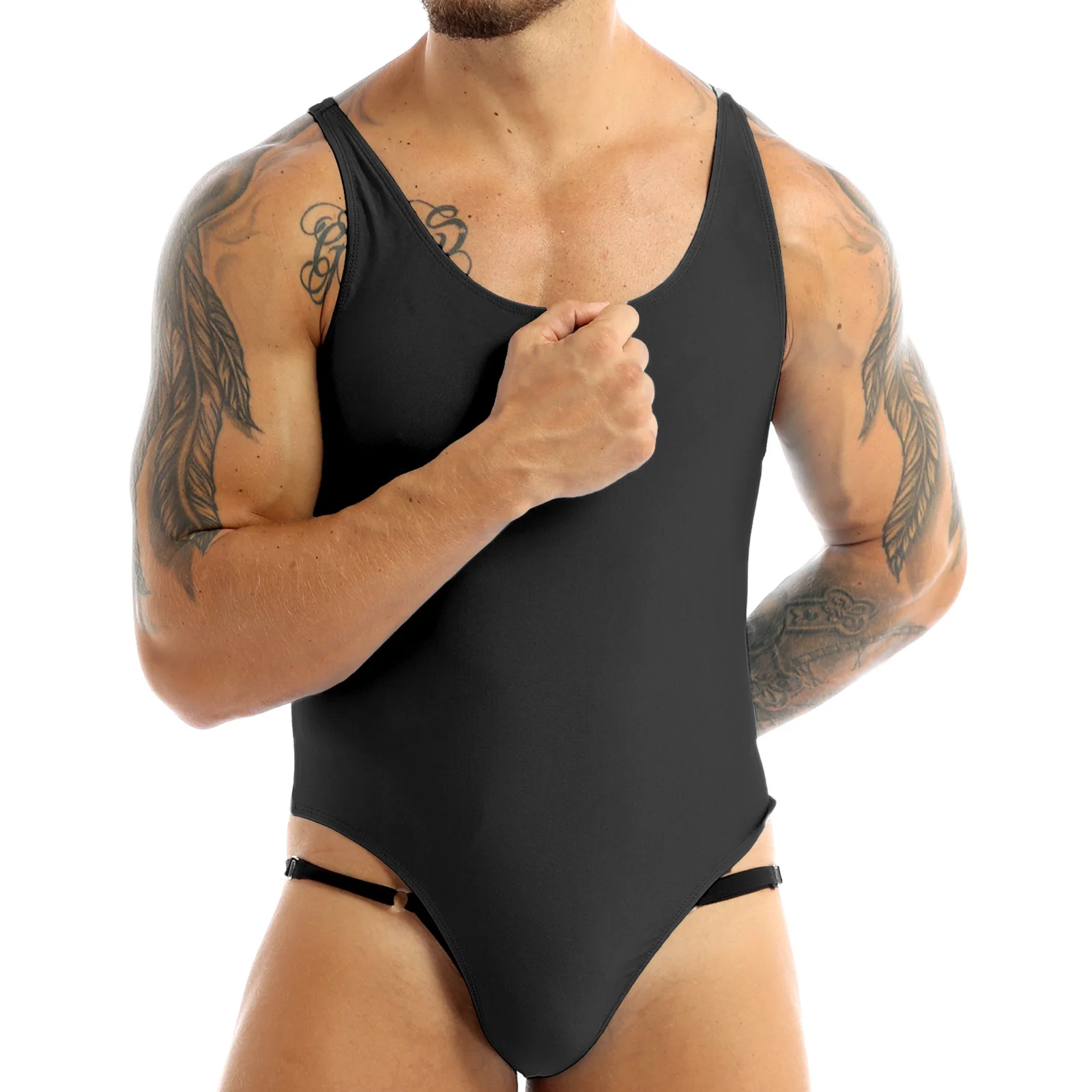 MSemis Mens Lingerie High Cut Bodysuit Leotard Singlet Underwear Sleeveless Bodysuit com bojo Thong Leotard with Bulge Pouch New