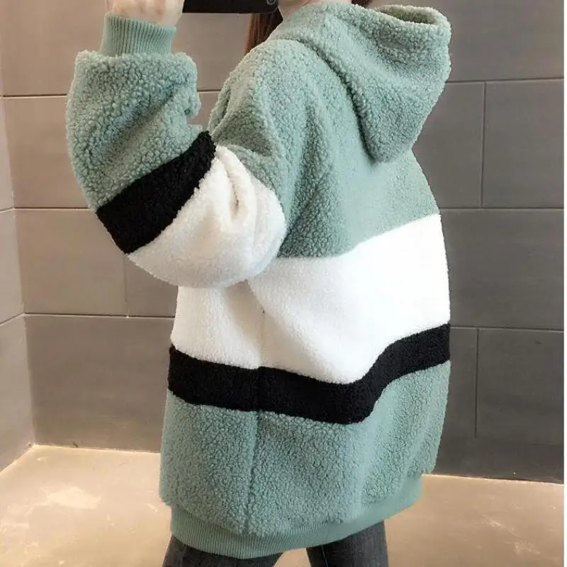 Winter New Products Lady Clothes Women Hoodie Keep Warm Lamb Wool Harajuku Sweatshirt Splicing Bean Green Coat Pullover Female