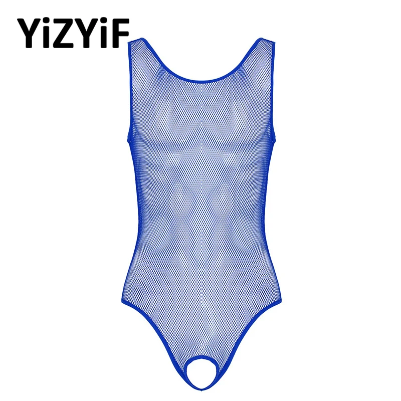 

Sexy Mens One-piece Swimsuit Monokini Hollow Out Fishnet Lingerie Scoop Neck Sleeveless Open Crotch Leotard Bodysuit Nightwear