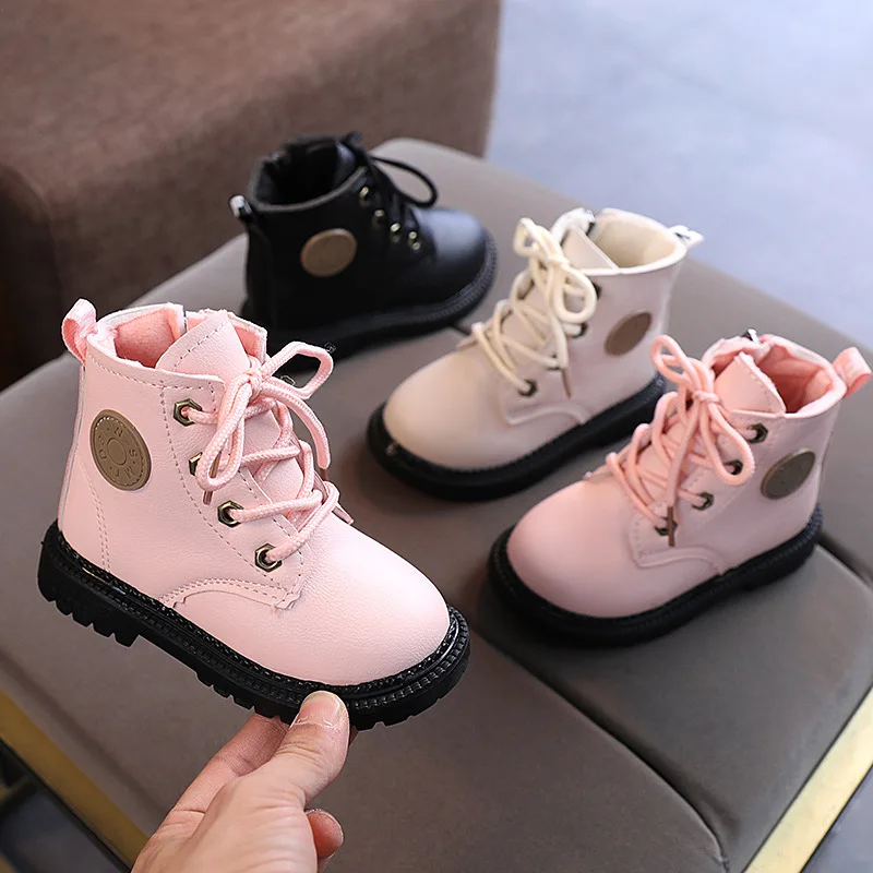 Girls\' Boots 2024 New Autumn Winter Leather Cotton Boots Boys Waterproof Non-slip Kids Boots Children Shoes E42