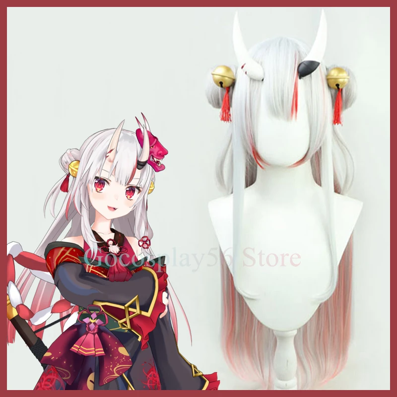 VTuber Nakiri Ayame วิกผม Buns Horns Bells Hololive คอสเพลย์ Prop สีเทาสีชมพูยาวตรง Youtuber หญิง Holo ไม่มี Graffiti ผม