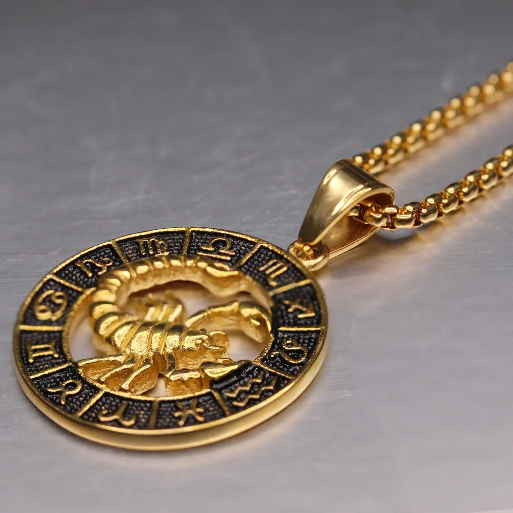 Znak zodiaku Leo skorpion naszyjnik dla kobiet/mężczyzn złoty kolor stal nierdzewna okrągły 12 naszyjników konstelacji Dropshipping