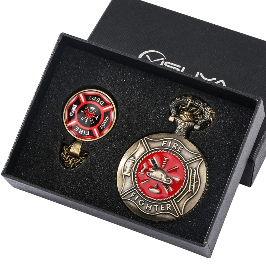 Unique Red Fire Fighter Quartz Pocket Watch Box Set with Punk Firefighter Necklace Pendant Best Watch Gifts Box Sets for Firemen