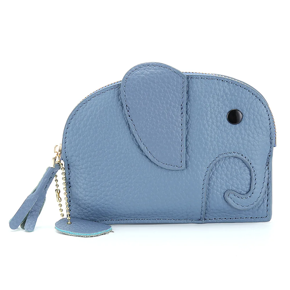 

Cute Elephant Coin Purse Mini Lichee Pattern Genuine Leather Shell Zipper Fashion Wallet High Quality Solid Color Leisure New