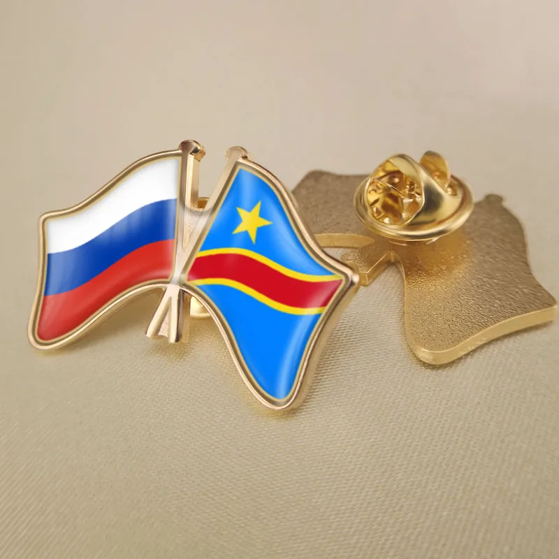 Congo Democratic Republic and Russian Federation Crossed Double Friendship Flags Lapel Pins Brooch Badges