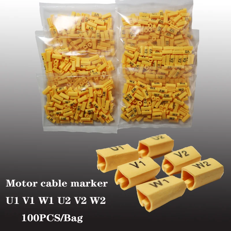 100/600PCS PVC Yellow Color Flat Tubing Number U1 V1 W1 U2 V2 W2 Motor Cable Marker  Wire Pipe Printer letter