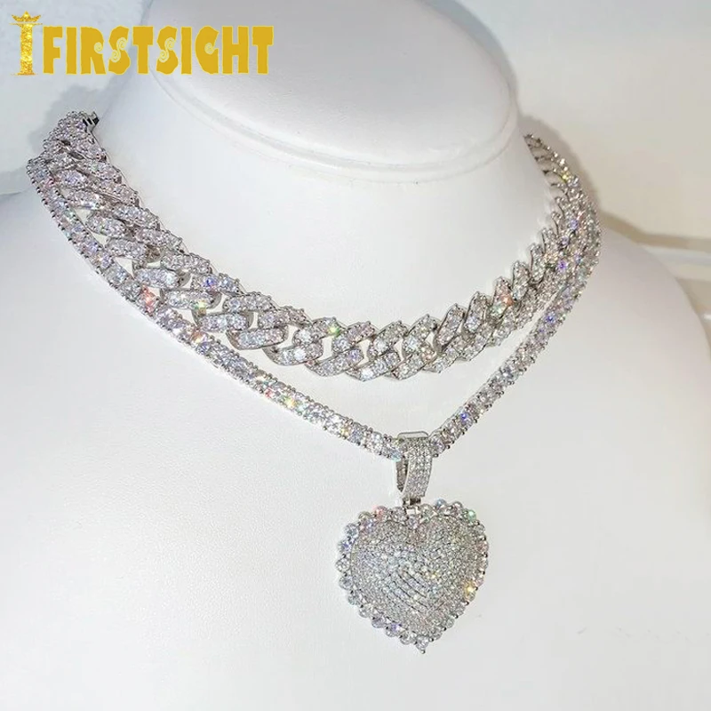 New Silver Color CZ Heart Pendant Necklace HipHop Full Iced Out Cubic Zirconia Stone Tennis Chain Charm Choker Women Jewelry