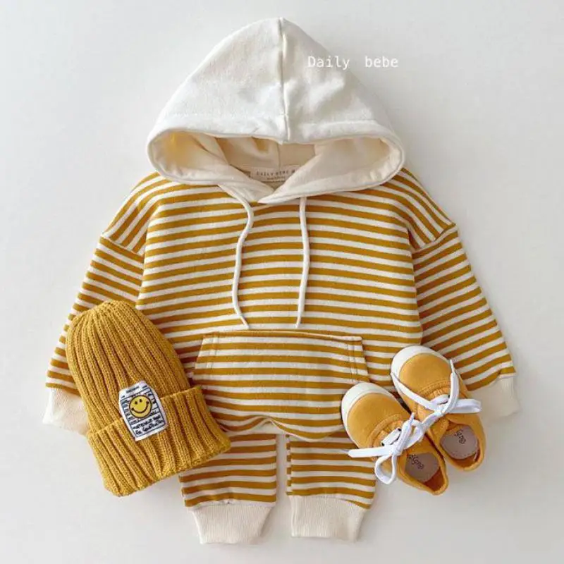 Autumn Winter Baby Boys Striped Cotton Hoodies Sweatshirt Set Toddler Girls Hooded Coat+ Pants For Kids Casual Tracksuit Clothes