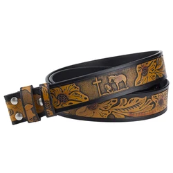 Cinturón sin hebilla de cuero genuino con patrón de Cruz de caballo, ancho de 3,8 cm