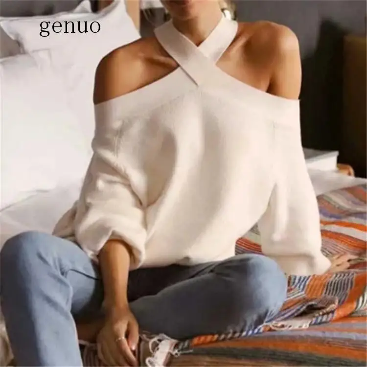 Imagem -02 - Moda Feminina Halter Suéteres Elegante Primavera Branco Manga Comprida Malha Pulôver Feminino Outono Sexy Suéteres Jumper 2023