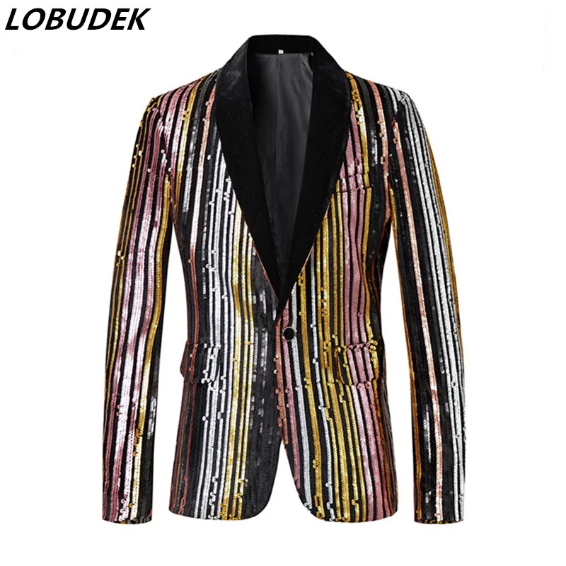 

Bar Nightclub Stage Male Singer Host Shiny Blazers Multicolor Stripes Sequin Suit Jackets Plus Size Slim Fit Tuxedo Show Clothes