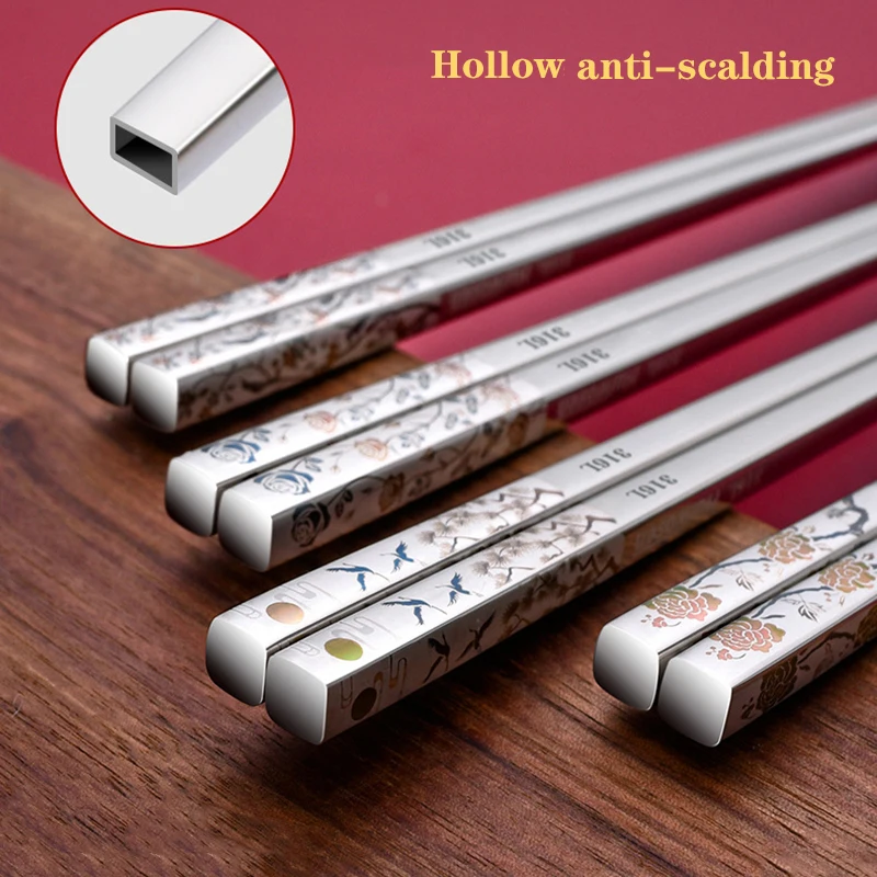 1 Pair 316L Stainless Steel Chopsticks Cherry Blossom Tableware Kitchen Dining Bar Home Garden Chinese Chopstick Holder Set