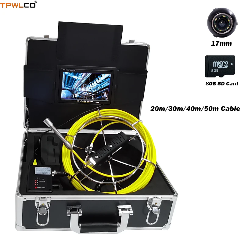 

7" Screen 20-50m Cable Pipeline Inspection Endoscope System With DVR And Sun-visor 17mm Waterproof Cleaner Sewer Video Camera