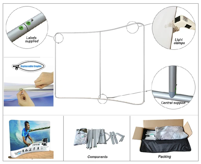 10ft curved tension fabric trade show displays back wall booth with custom print