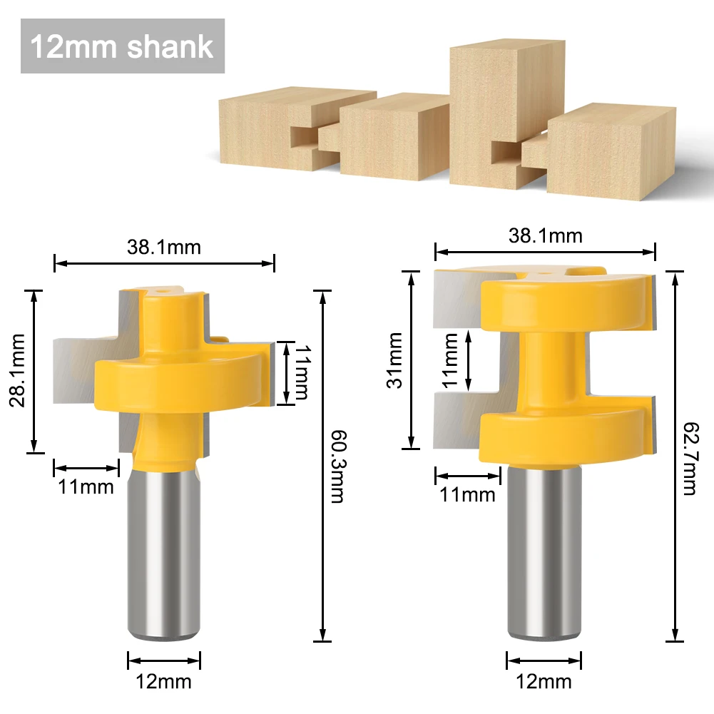 2pcs12MM 1/2Shank T-Slot Square Tooth Tenon Milling Cutter Carving Knife Router Bits for Wood Tool Woodworking