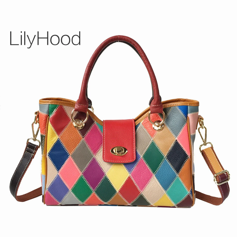 Multi-color First Layer Cow Leather Handbag Lady Vintage Genuine Leather Diamonds Patchwork Daily Work Crossbody Bag for Women