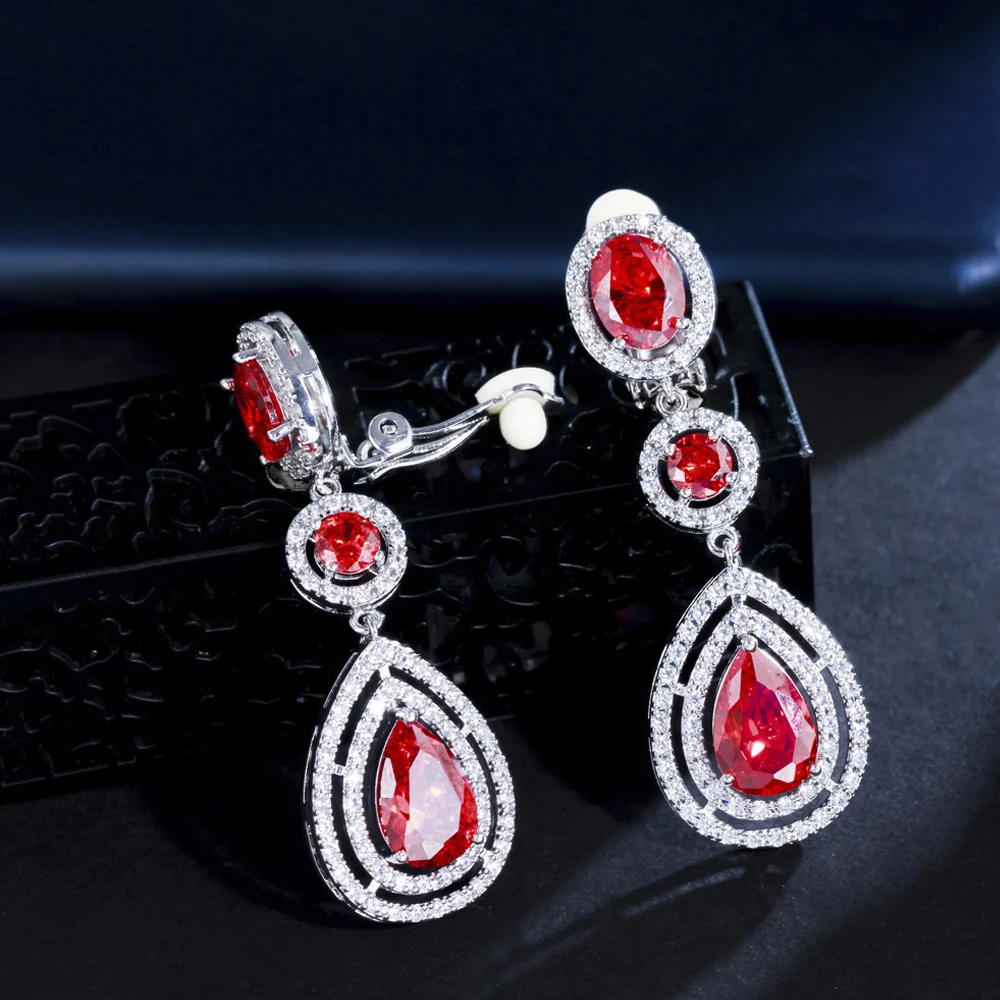 ThreeGraces Elegant Red CZ Crystal Long Water Drop No Pierced Hole Ear Clip On Earrings for Women Wedding Party Jewelry EJ0100