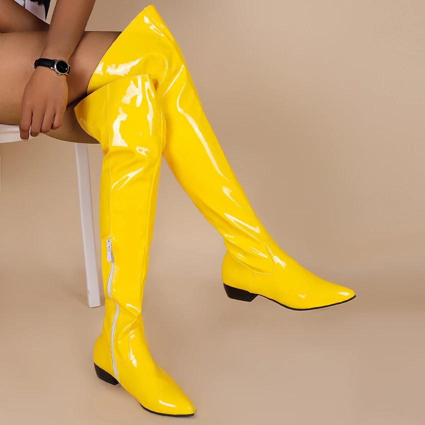 Oversized Candy-Colored Patent Leather Women\'s Over-The-Knee Boots Mid-Heel Pointed Toe Plush Lining Shiny Color Long Boots