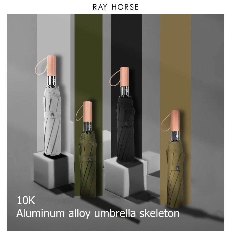 Ray Horse-4-Color Wooden Handle Umbrella, 10K Aluminum Alloy, Anti-Rust, Wind Resistance, PG Cloth, Men's Umbrella