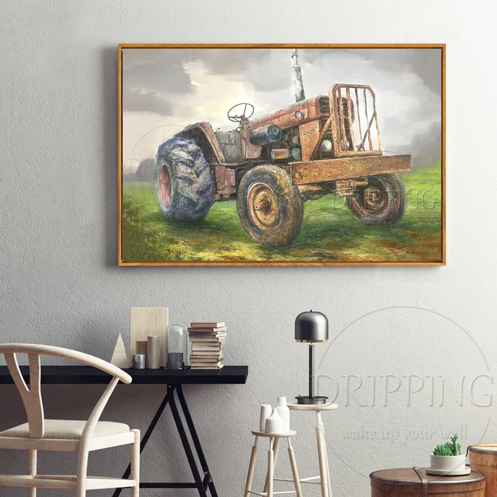 Unique Wall Art Hand Painted Tractor Car Oil Painting on Canvas Handmade Big Guy Tractor Acrylic Painting for Wall Decoration